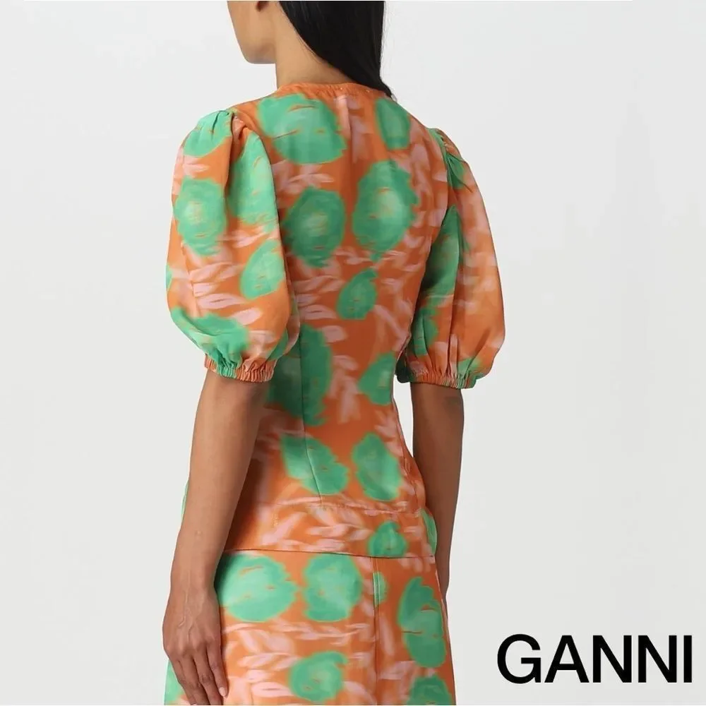 GANNI **NWT** Button-Up Puff Sleeve Crepe Blouse Vibrant Orange / Green Floral - Picture 7 of 16